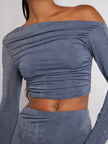 Asymmetrical Neck Ruched Crop Top & Pencil Skirt