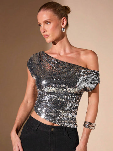 BAE Asymmetrical Off Shoulder Glamorous Sequined Hem Women's Casual Top, Fall/Winter