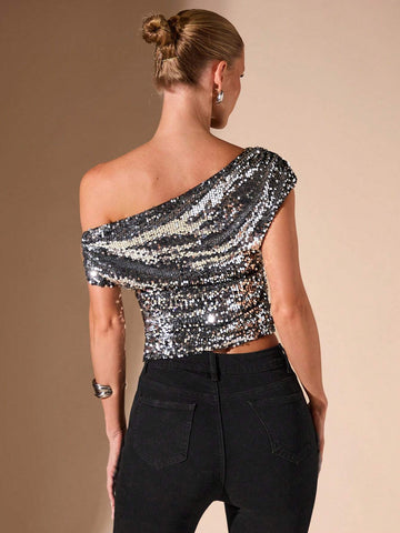 BAE Asymmetrical Off Shoulder Glamorous Sequined Hem Women's Casual Top, Fall/Winter
