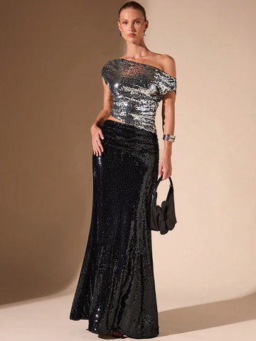 BAE Asymmetrical Off Shoulder Glamorous Sequined Hem Women's Casual Top, Fall/Winter