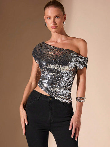 BAE Asymmetrical Off Shoulder Glamorous Sequined Hem Women's Casual Top, Fall/Winter