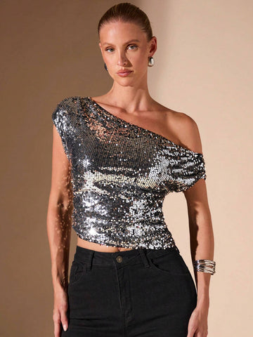 BAE Asymmetrical Off Shoulder Glamorous Sequined Hem Women's Casual Top, Fall/Winter