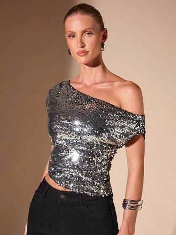 BAE Asymmetrical Off Shoulder Glamorous Sequined Hem Women's Casual Top, Fall/Winter