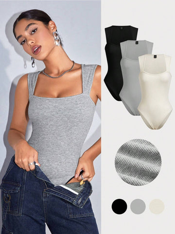 2pcs/Set Women's Casual Round Neck Slim Fit Bodysuit, Suitable For Summermulti-Pack Music Festival Summer Boho Bodysuit