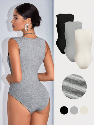 2pcs/Set Women's Casual Round Neck Slim Fit Bodysuit, Suitable For Summermulti-Pack Music Festival Summer Boho Bodysuit