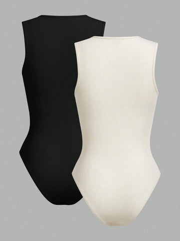 2pcs/Set Women's Casual Round Neck Slim Fit Bodysuit, Suitable For Summermulti-Pack Music Festival Summer Boho Bodysuit