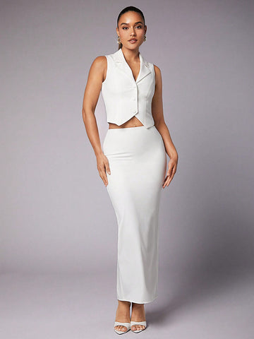 Back Slit Midi Skirt & Vest Two Piece Set, Elegant Style, For Women