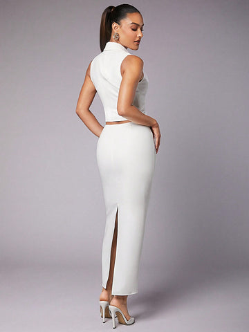 Back Slit Midi Skirt & Vest Two Piece Set, Elegant Style, For Women
