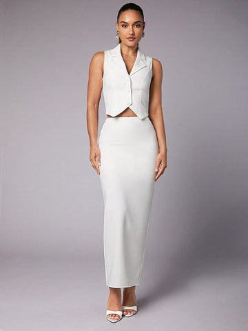 Back Slit Midi Skirt & Vest Two Piece Set, Elegant Style, For Women