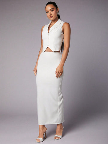 Back Slit Midi Skirt & Vest Two Piece Set, Elegant Style, For Women