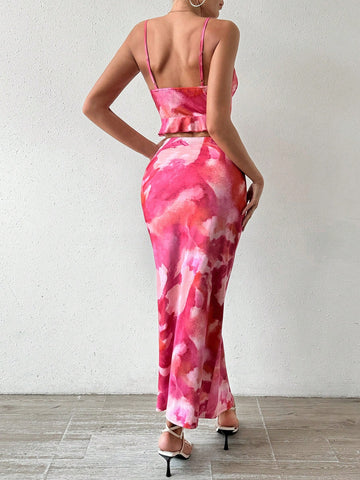 Backless Camisole Top With Ruffled Hem And High Slit Hem Skirt Set