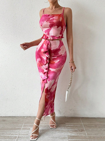 Backless Camisole Top With Ruffled Hem And High Slit Hem Skirt Set