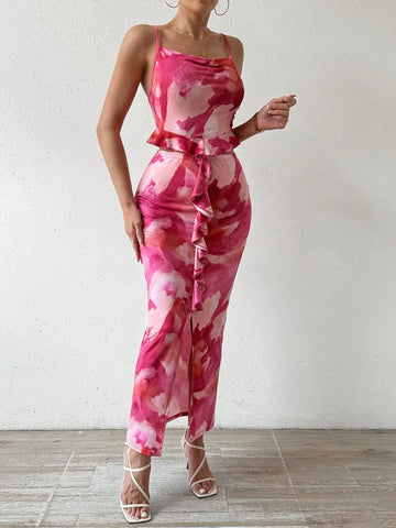 Backless Camisole Top With Ruffled Hem And High Slit Hem Skirt Set