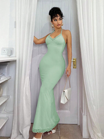 Backless Fish Tail Lace Bodycon Halter Neck Dress With High Elasticity And Slimming Fit