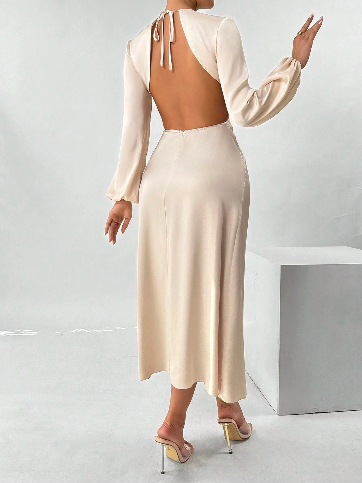Backless Ruched Lantern Sleeve Elegant Ladies Dress