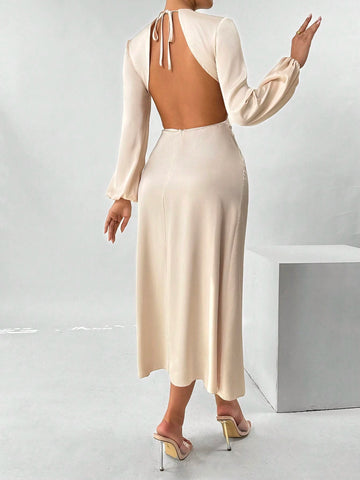 Backless Ruched Lantern Sleeve Elegant Ladies Dress