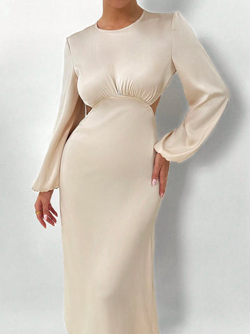 Backless Ruched Lantern Sleeve Elegant Ladies Dress