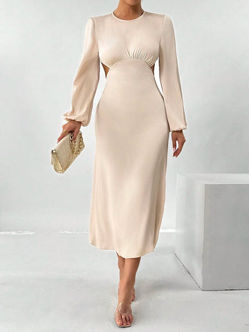 Backless Ruched Lantern Sleeve Elegant Ladies Dress