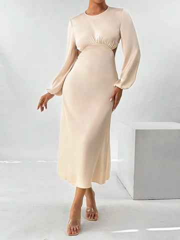 Backless Ruched Lantern Sleeve Elegant Ladies Dress