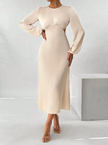 Backless Ruched Lantern Sleeve Elegant Ladies Dress