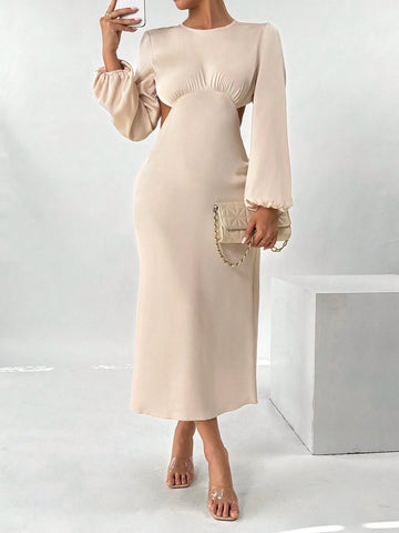Backless Ruched Lantern Sleeve Elegant Ladies Dress