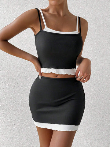 Black And White Splicing Cami Top And Shorts Set