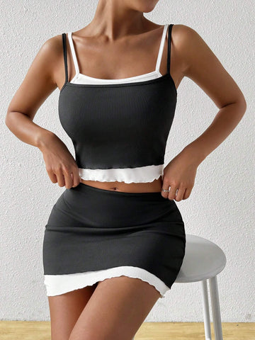 Black And White Splicing Cami Top And Shorts Set