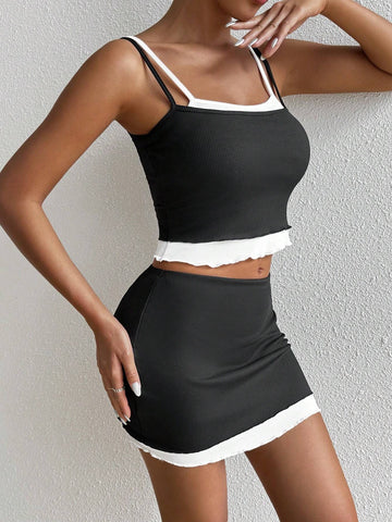 Black And White Splicing Cami Top And Shorts Set