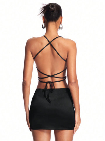 Black Butterfly & Rhinestone Chain Trimmed Cross Back Crop Top And Mini Skirt Set, Perfect For Music Festival, Nightclub, Party And Date Night