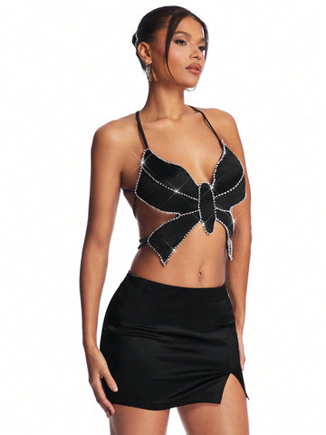 Black Butterfly & Rhinestone Chain Trimmed Cross Back Crop Top And Mini Skirt Set, Perfect For Music Festival, Nightclub, Party And Date Night