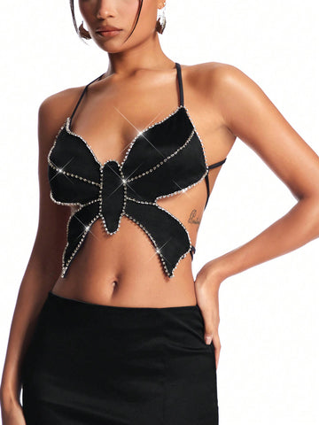 Black Butterfly & Rhinestone Chain Trimmed Cross Back Crop Top And Mini Skirt Set, Perfect For Music Festival, Nightclub, Party And Date Night