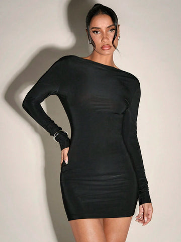 Black Graphic Mesh Knit Backless Delicate Pattern Printed Tight Sexy Dress Dress Party Festival