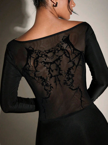Black Graphic Mesh Knit Backless Delicate Pattern Printed Tight Sexy Dress Dress Party Festival