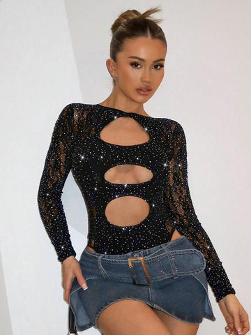 Black Hollow Out One-Piece Sexy Stocking, Country Concert Outfit, Rave Festival Outfits, Y2K Concert Women Outfit, Bodysuit Exquisite Rhinestone Deep V-Neck Tight-Fitting Long Sleeve Bodysuit For Women