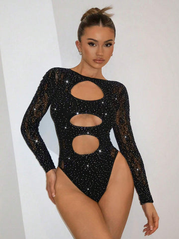 Black Hollow Out One-Piece Sexy Stocking, Country Concert Outfit, Rave Festival Outfits, Y2K Concert Women Outfit, Bodysuit Exquisite Rhinestone Deep V-Neck Tight-Fitting Long Sleeve Bodysuit For Women
