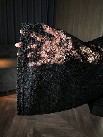 Black Lace See-Through Sexy Suspender Flare Jumpsuit New Year Valentine'S Day Jumpsuit Party Jumpsuit Prom Jumpsuit Cocktail Party Jumpsuit