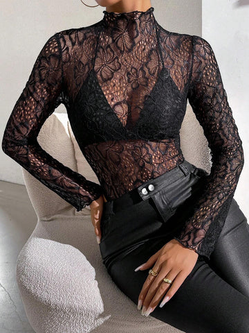 Black Lace See-Through Stretchable Mock Neck Bodysuit