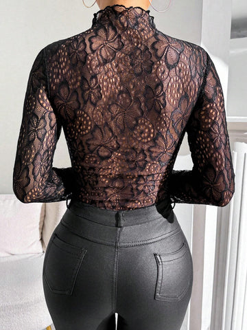 Black Lace See-Through Stretchable Mock Neck Bodysuit