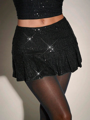 BAE Black Ruffle Cake Skirt With Beaded And Pleated Details, Perfect For Fancy Evening Or Date Night Dressing, Mini-Length, Women's Clothing, Summer Outfit, Suitable For Rave Festival, Summer Skort