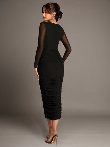 BAE Black V-Neck Red Three-Dimensional Floral Pleated Mesh Long-Sleeved Women's Dress