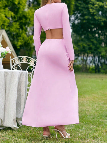 Bridesmaid Dress With Flower Decoration, Deep V Neckline, Cutout Waist And High Slit