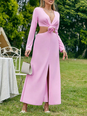 Bridesmaid Dress With Flower Decoration, Deep V Neckline, Cutout Waist And High Slit