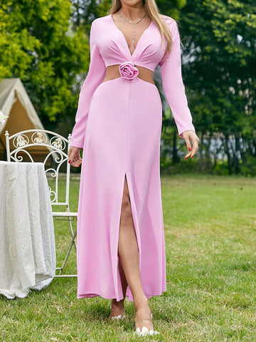 Bridesmaid Dress With Flower Decoration, Deep V Neckline, Cutout Waist And High Slit