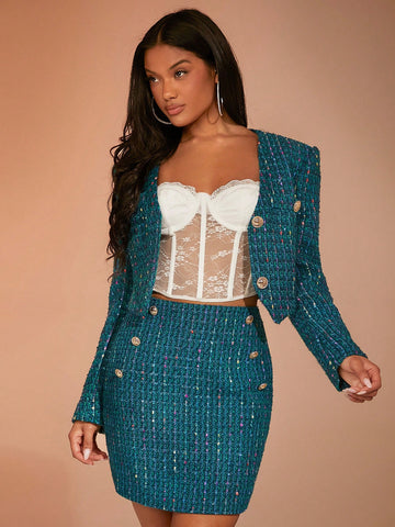 BAE Button Detail Tweed Bodycon Skirt