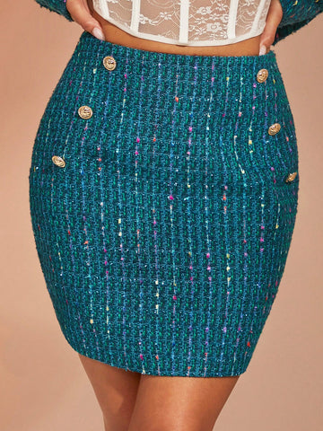 BAE Button Detail Tweed Bodycon Skirt