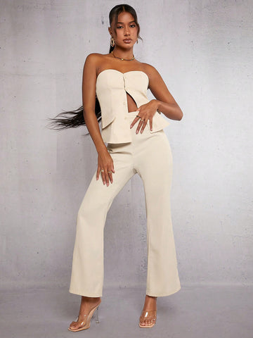 Button Front Tube Top & Flare Leg Pants