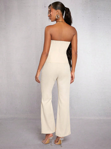 Button Front Tube Top & Flare Leg Pants