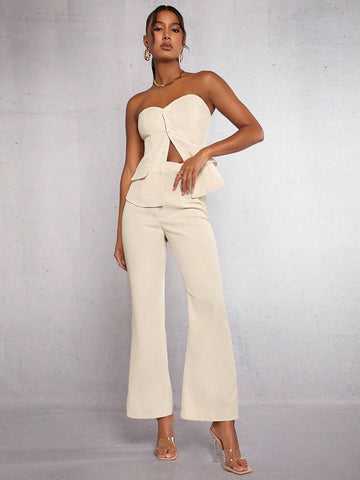 Button Front Tube Top & Flare Leg Pants