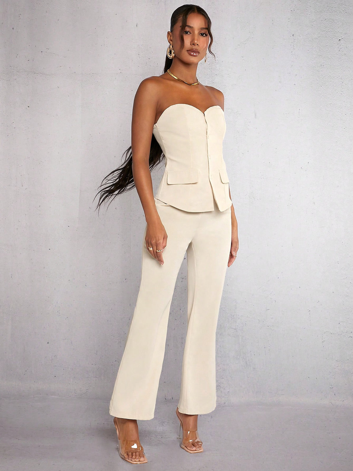 Button Front Tube Top & Flare Leg Pants
