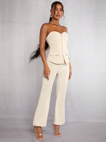 Button Front Tube Top & Flare Leg Pants